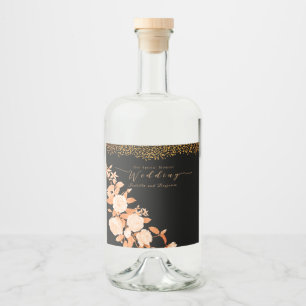 Elegant Gold Rose Black Wedding Liquor Bottle Label