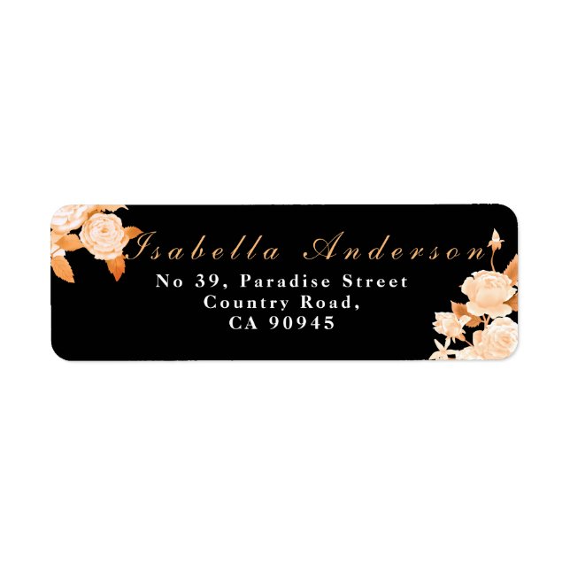 Elegant Gold Rose Black Wedding Return Address Label (Front)