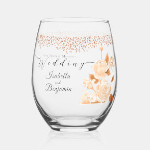 Elegant Gold Rose Black Wedding Stemless Wine Glass
