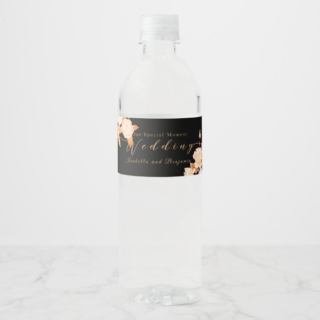 Elegant Gold Rose Black Wedding  Water Bottle Label (Front)