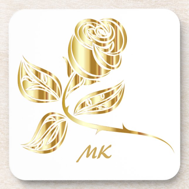 Elegant Gold Rose Monogrammed Coaster (Front)