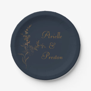Elegant Gold Rose Stem on Navy Paper Plate