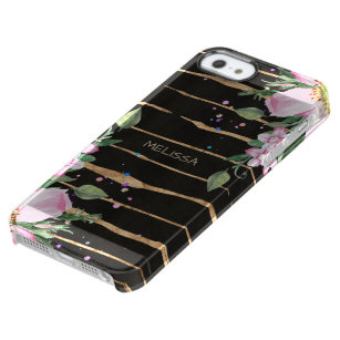 Elegant Gold-rose Stripes Pink Flowers Accent Clear iPhone SE/5/5s Case