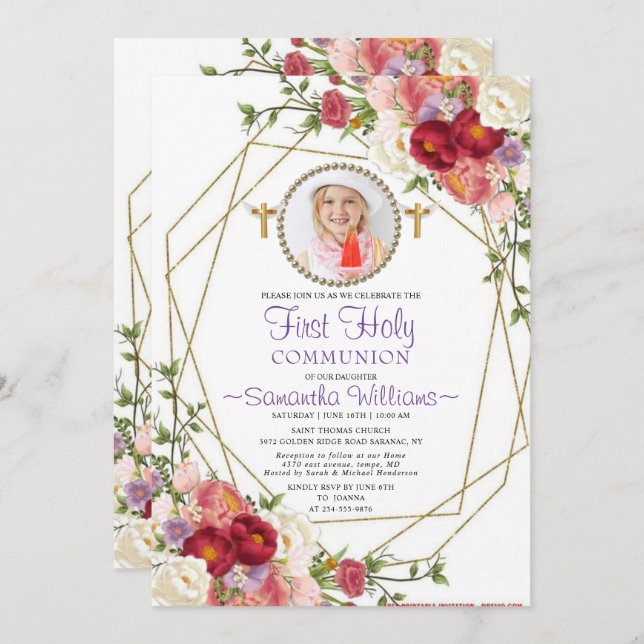 Elegant Gold Roses Blush Photo First Communion Invitation (Front/Back)