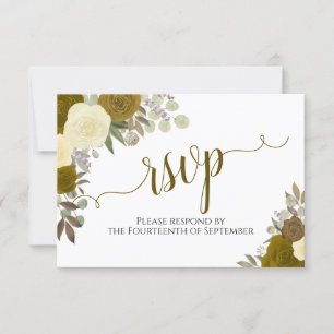 Elegant Gold Roses Floral Calligraphy Wedding RSVP Card