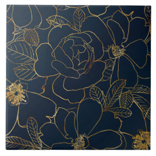 Elegant Gold Roses Floral Drawing Blue Design Ceramic Tile