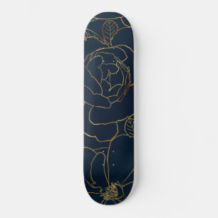 Elegant Gold Roses Floral Drawing Blue Design Skateboard