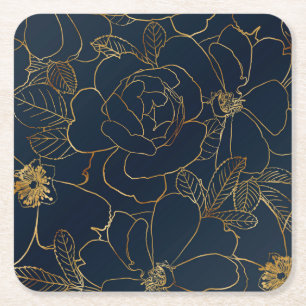 Elegant Gold Roses Floral Drawing Blue Design Square Paper Coaster