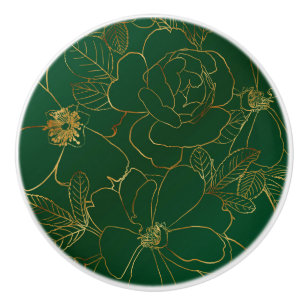 Elegant Gold Roses Floral Drawing Green Design Ceramic Knob