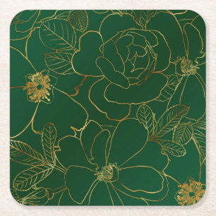 Elegant Gold Roses Floral Drawing Green Design Square Paper Coaster