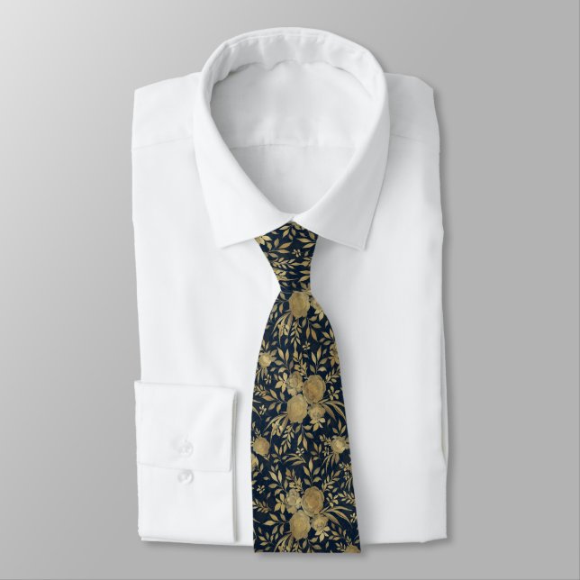 Elegant Gold Roses Floral Navy-Blue Design Tie (Tied)