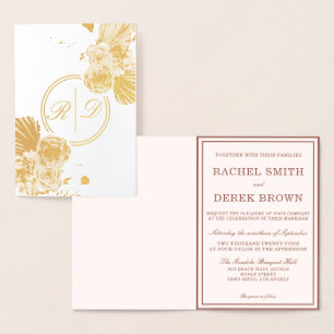 Elegant Gold Roses Monogram Wedding Real Foil Card