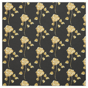 Elegant Gold Roses on Black Background Fabric