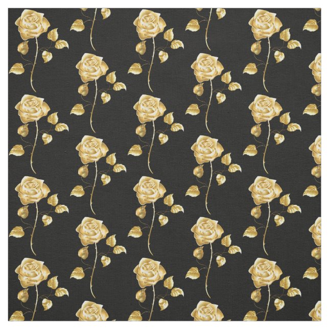 Elegant Gold Roses on Black Background Fabric (Swatch)