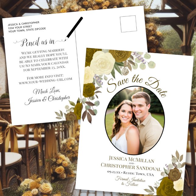 Elegant Gold Roses & Photo Wedding Save the Date Announcement Postcard (front/back)