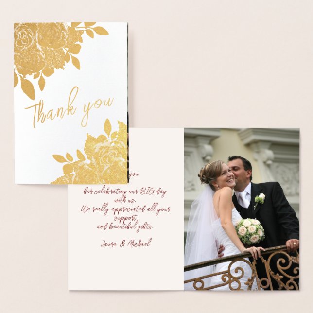 Elegant Gold Roses Wedding Thank You Real Foil Card (Display)