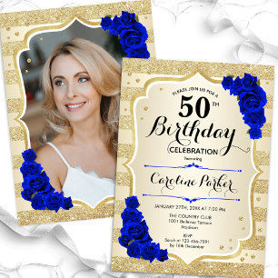 Elegant Gold Royal Blue Photo 50th Birthday Invitation