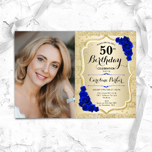 Elegant Gold Royal Blue Roses Photo 50th Birthday Invitation