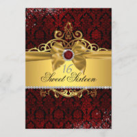 Elegant Gold Ruby Red Damask Sweet Sixteen Invite