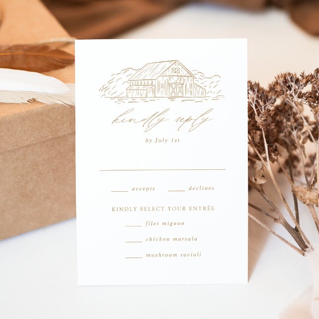 Elegant Gold Rustic Barn Wedding Meal Choice RSVP Card (Creator Uploaded)