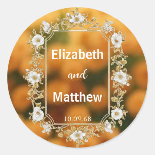 Elegant Gold Rustic Country Overlay flower wedding Classic Round Sticker