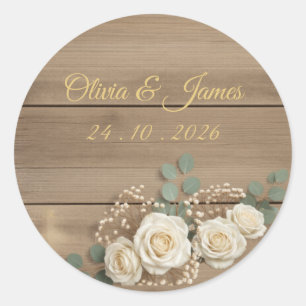 Elegant Gold Rustic Lace Ivory Rose Pearl Bow Classic Round Sticker
