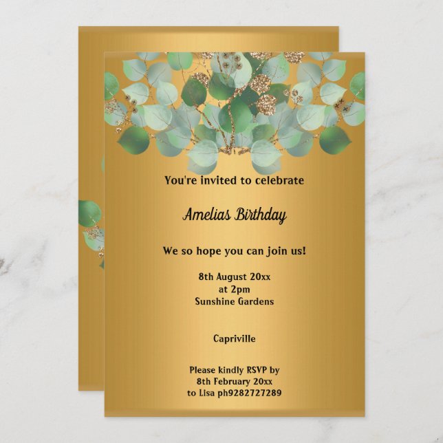 ELEGANT GOLD SAGE EUCALYPTUS BIRTHDAY PARTY  INVITATION (Front/Back)