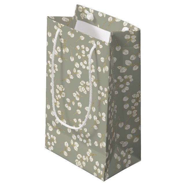 Elegant Gold Sage Green Greenery Eucalyptus Leaves Small Gift Bag (Front Angled)