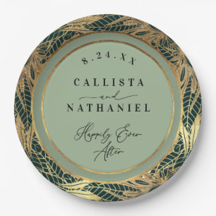 Elegant Gold Sage Green Greenery Leaves Wedding Paper Plate