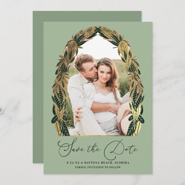 Elegant Gold Sage Green Greenery Leaves Wedding Save The Date (Front/Back)