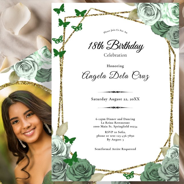 Elegant Gold Sage Green Rose 18th Birthday Debut  Invitation (Creator Uploaded)