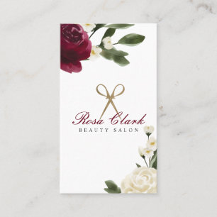 Elegant Gold Scissor & Red Watercolor Floral Logo Business Card