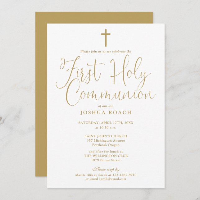 Elegant Gold Scrip First Holy Communion Invitation (Front/Back)