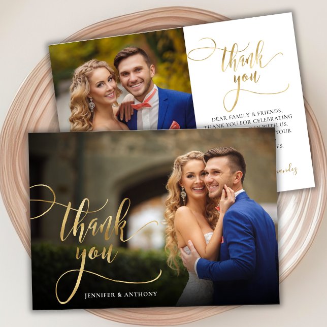 Elegant Gold Script 2 Photo Wedding Thank You Card (Creator Uploaded)