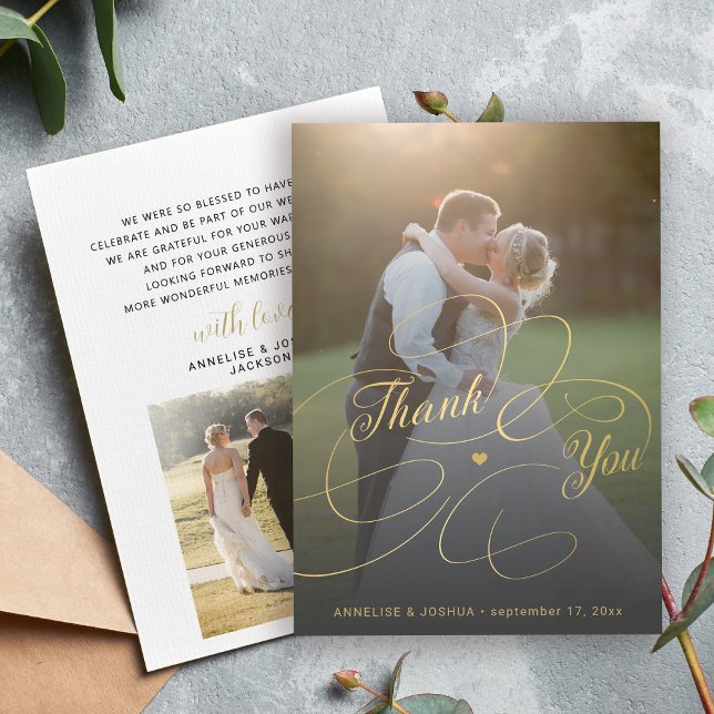 Elegant gold script 2 photos wedding  thank you card (Creator Uploaded)