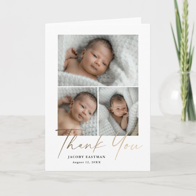 Elegant Gold Script 3 Photo Baby Thank You Card (Front)
