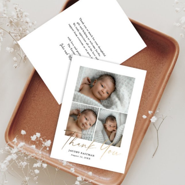 Elegant Gold Script 3 Photo Baby Thank You Card (Creator Uploaded)