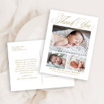 Elegant Gold Script 3 Photo Baby Thank You  Postcard<br><div class="desc">Elegant Gold Script 3 Photo Baby Thank You Postcard features three photos of the new baby,  along with elegant script calligraphy,  and all of baby's stats. The back has plenty of room for your than you note.</div>