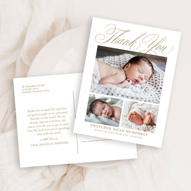 Elegant Gold Script 3 Photo Baby Thank You  Postcard (Creator Uploaded)