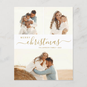 Elegant Gold Script 3 Photo Christmas Holiday Card