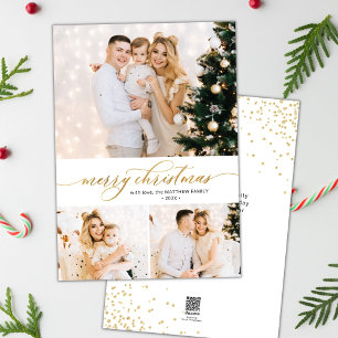 Elegant Gold Script 3 Photo Collage Christmas Card