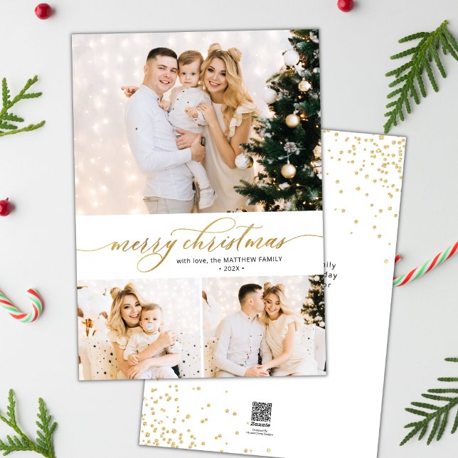 Elegant Gold Script 3 Photo Collage Christmas Card (Creator Uploaded)