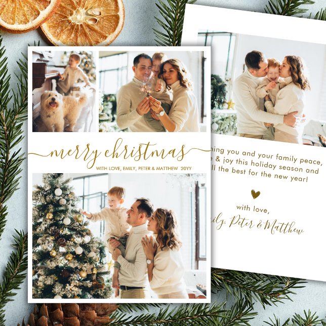 Elegant Gold Script 3 Photo Collage Christmas Holiday Card (Creator Uploaded)