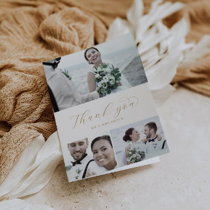 Elegant Gold Script 3 Photo Collage Folded Wedding Thank You Card