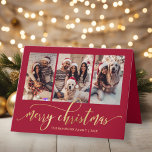 Elegant Gold Script 3 Photo Collage Red Christmas Holiday Card<br><div class="desc">Modern Elegant Script Red and Gold 3 Photo Collage Merry Christmas Holiday Card. This festive holiday card features a stylish whimsical ‘Merry Christmas’ greeting in elegant hand-lettered calligraphy on red background. The text is displayed in a faux gold brush script with swashes, beautifully set against a rich red background. Inside...</div>