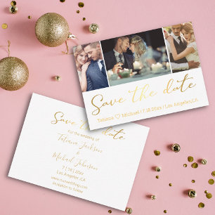 Elegant Gold Script 3 Photo Collage Save The Date Card
