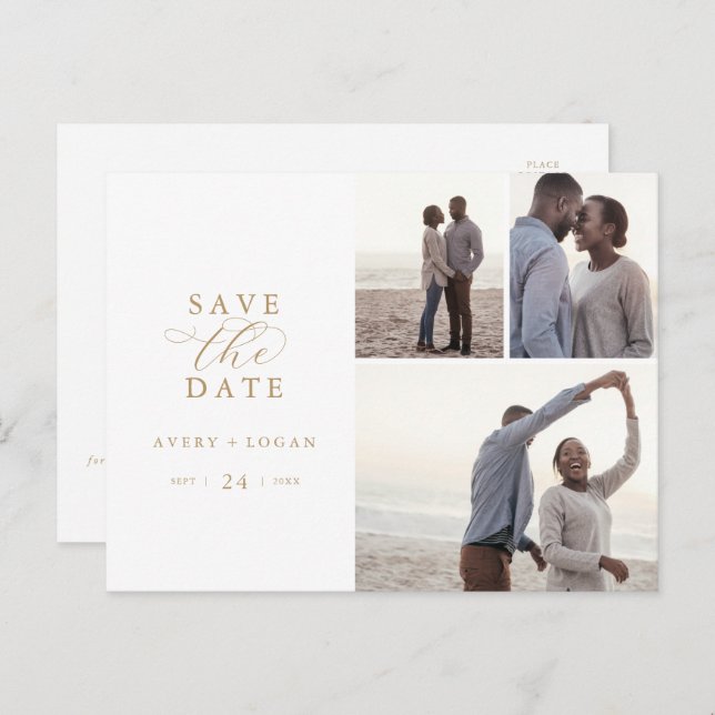 Elegant Gold Script 3 Photo Collage Save the Date Invitation Postcard (Front/Back)