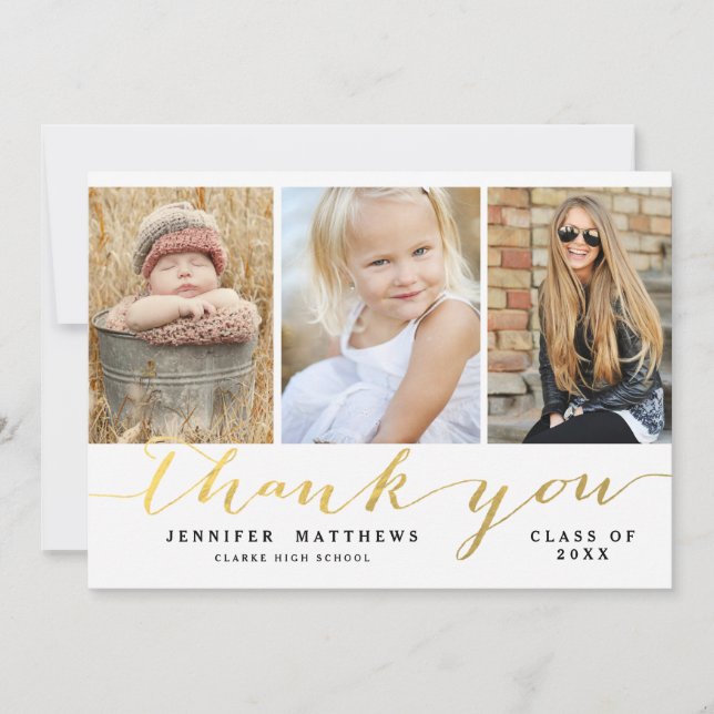 Elegant Gold Script 3 Photo Graduation Thank You Announcement (Front)
