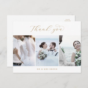Elegant Gold Script 3 Photo Template Thank You Postcard