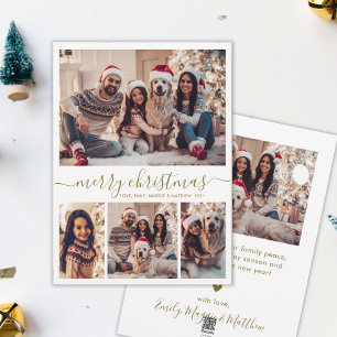 Elegant Gold Script 4 Photo Collage Christmas Holiday Card
